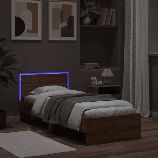 Estrutura de cama de solteiro moderno cabeceiraluzes LED 75x190 cm carvalho castanho