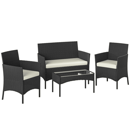 Outsunny Conjunto de Jardim Exterior em Vime com Almofadas Conjunto de Terraço Resistente às Intempéries Móveis de Jardim Exterior com 2 Poltronas Sofá de 2 Lugares Mesa com Vidro Preto e Creme