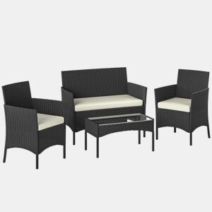Outsunny Conjunto de Jardim Exterior em Vime com Almofadas Conjunto de Terraço Resistente às Intempéries Móveis de Jardim Exterior com 2 Poltronas Sofá de 2 Lugares Mesa com Vidro Preto e Creme