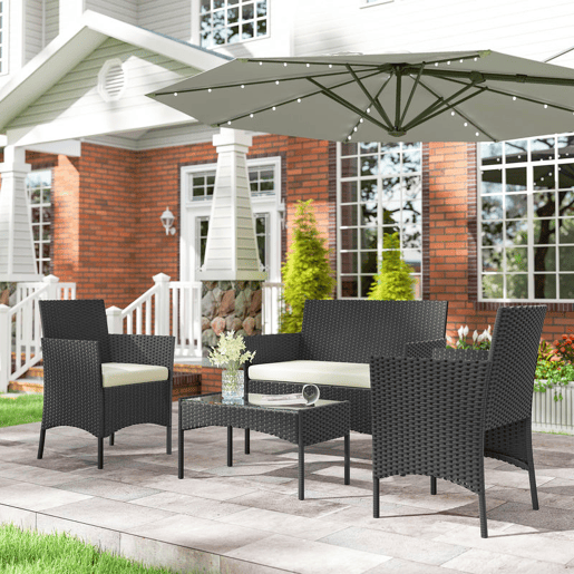 Outsunny Conjunto de Jardim Exterior em Vime com Almofadas Conjunto de Terraço Resistente às Intempéries Móveis de Jardim Exterior com 2 Poltronas Sofá de 2 Lugares Mesa com Vidro Preto e Creme
