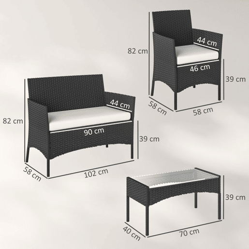 Outsunny Conjunto de Jardim Exterior em Vime com Almofadas Conjunto de Terraço Resistente às Intempéries Móveis de Jardim Exterior com 2 Poltronas Sofá de 2 Lugares Mesa com Vidro Preto e Creme