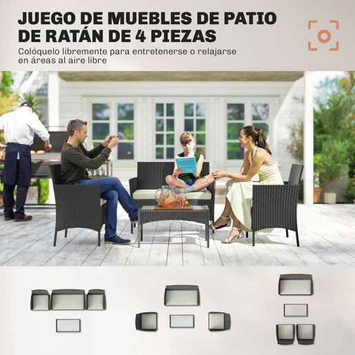 Outsunny Conjunto de Jardim Exterior em Vime com Almofadas Conjunto de Terraço Resistente às Intempéries Móveis de Jardim Exterior com 2 Poltronas Sofá de 2 Lugares Mesa com Vidro Preto e Creme