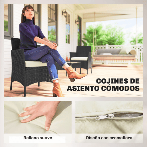 Outsunny Conjunto de Jardim Exterior em Vime com Almofadas Conjunto de Terraço Resistente às Intempéries Móveis de Jardim Exterior com 2 Poltronas Sofá de 2 Lugares Mesa com Vidro Preto e Creme