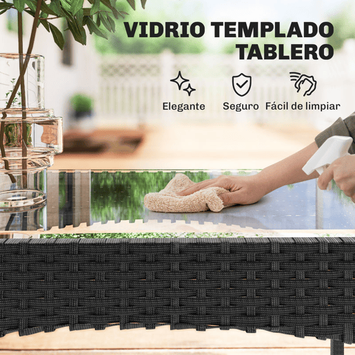 Outsunny Conjunto de Jardim Exterior em Vime com Almofadas Conjunto de Terraço Resistente às Intempéries Móveis de Jardim Exterior com 2 Poltronas Sofá de 2 Lugares Mesa com Vidro Preto e Creme