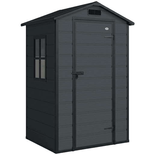 Outsunny Abrigo de Jardim Exterior 1,09 m² 128x104x196 cm Abrigo de Jardim Exterior de Plástico com Base Porta com Fechadura Janela e Ventilação para Armazenamento de Ferramentas Cinzento Escuro