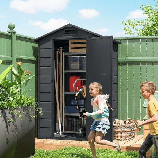 Outsunny Abrigo de Jardim Exterior 1,09 m² 128x104x196 cm Abrigo de Jardim Exterior de Plástico com Base Porta com Fechadura Janela e Ventilação para Armazenamento de Ferramentas Cinzento Escuro