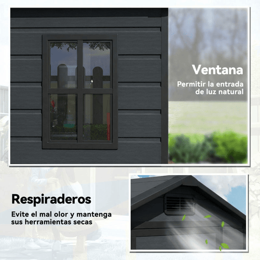 Outsunny Abrigo de Jardim Exterior 1,09 m² 128x104x196 cm Abrigo de Jardim Exterior de Plástico com Base Porta com Fechadura Janela e Ventilação para Armazenamento de Ferramentas Cinzento Escuro