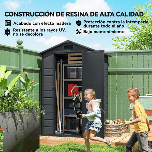 Outsunny Abrigo de Jardim Exterior 1,09 m² 128x104x196 cm Abrigo de Jardim Exterior de Plástico com Base Porta com Fechadura Janela e Ventilação para Armazenamento de Ferramentas Cinzento Escuro