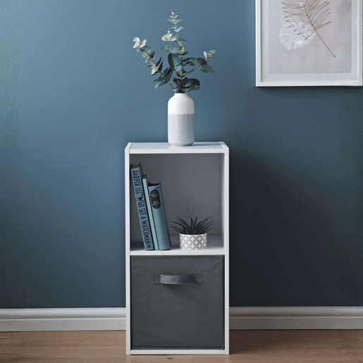 Estante auxiliar April Low com 2 nichos, estante modular com 1 gaveta, tecido branco fosco e cinza, 30x60x28 cm