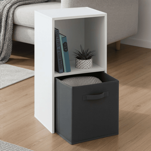 Estante auxiliar April Low com 2 nichos, estante modular com 1 gaveta, tecido branco fosco e cinza, 30x60x28 cm