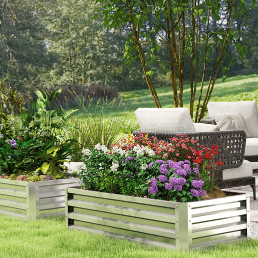 Outsunny Caixa de Plantio de Aço Galvanizado Horta para Cultivar Plantas Flores Ervas Floreira Exterior Retangular com Fundo Aberto 120x60x30,5 cm Prata