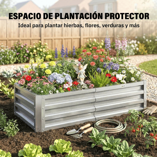 Outsunny Caixa de Plantio de Aço Galvanizado Horta para Cultivar Plantas Flores Ervas Floreira Exterior Retangular com Fundo Aberto 120x60x30,5 cm Prata