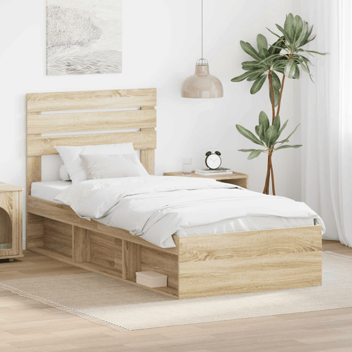 Estrutura de cama de solteiro moderno com cabeceira - Carvalho Sonoma 75 x 190 cm