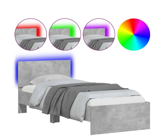 Estructura de cama individual para adultos - cabecero luces led gris hormigón 90x200 cm