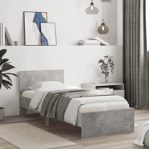 Estrutura de cama de solteiro moderno c cabeceiraluzes LED 90x200cm cinza cimento