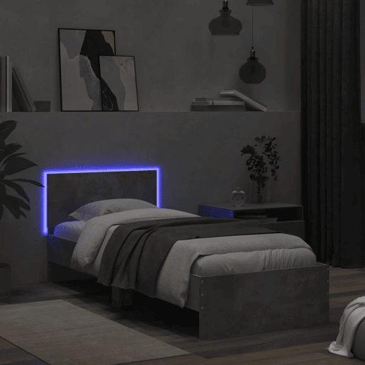Estrutura de cama de solteiro moderno c cabeceiraluzes LED 90x200cm cinza cimento