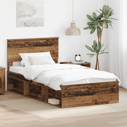 Estrutura de cama de solteiro para adultos com Cabeceira - Madeira antiga 100 x 200 cm