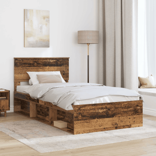 Estrutura de cama de solteiro para adultos com Cabeceira - Madeira antiga 100 x 200 cm
