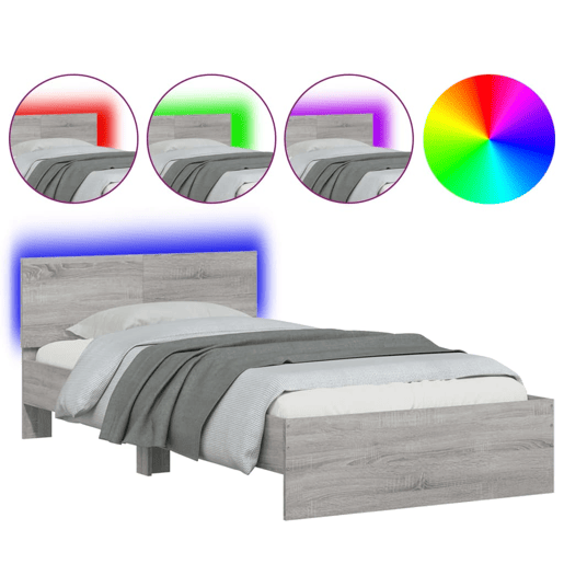 Estrutura de cama de solteiro moderno c cabeceiraluzes LED 100x200cm cinza sonoma