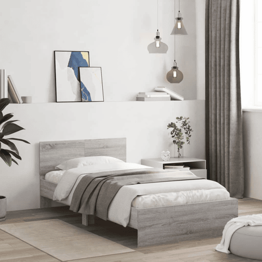 Estrutura de cama de solteiro moderno c cabeceiraluzes LED 100x200cm cinza sonoma