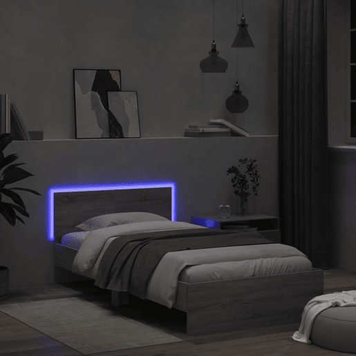 Estrutura de cama de solteiro moderno c cabeceiraluzes LED 100x200cm cinza sonoma