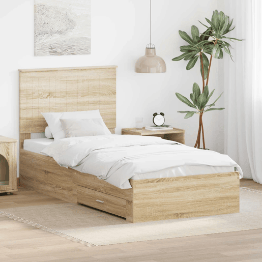 Estrutura de cama de solteiro moderno com cabeceira - Carvalho Sonoma 90 x 200 cm