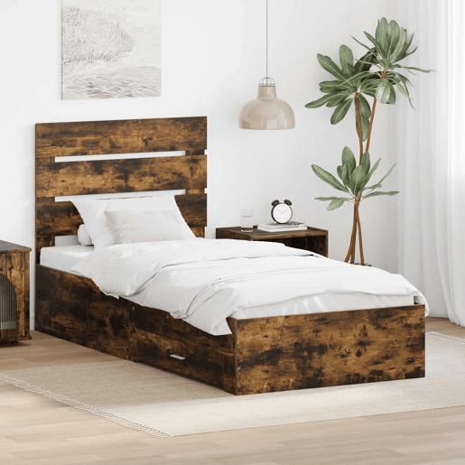 Estrutura de cama de solteiro para adultos com gaveta Carvalho Defumado 90 x 190 cm