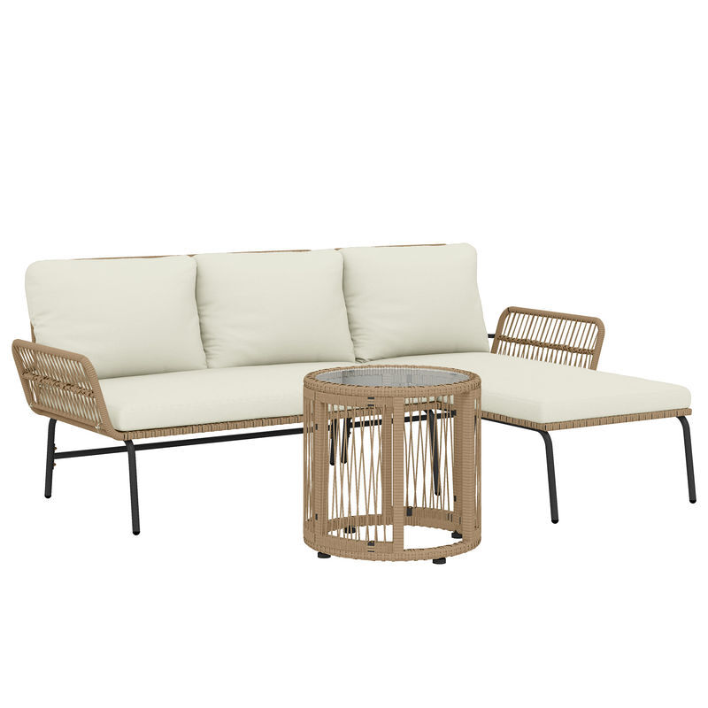 Outsunny conjunto de muebles de jardín exterior de ratán juego de 3 piezas muebles de terraza con sofá de 2 plazas chaise longue cojines y mesa auxiliar de tablero de vidrio para patio crema y natural