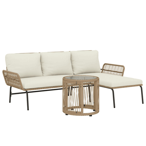 Outsunny Conjunto de Móveis de Jardim Exterior em Ratã Jogo de 3 Peças com Sofá de 2 Lugares Chaise Longue Almofadas e Mesa de Vidro para Terraço Creme e Natural