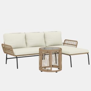 Outsunny Conjunto de Móveis de Jardim Exterior em Ratã Jogo de 3 Peças com Sofá de 2 Lugares Chaise Longue Almofadas e Mesa de Vidro para Terraço Creme e Natural