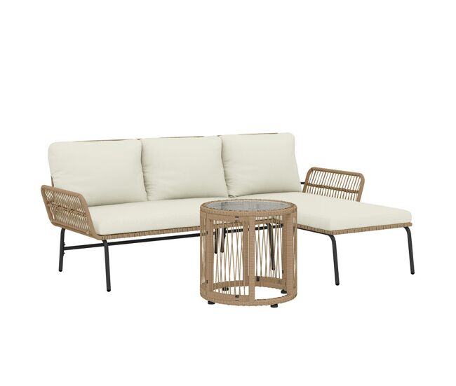 Outsunny conjunto de muebles de jardín exterior de ratán juego de 3 piezas muebles de terraza con sofá de 2 plazas chaise longue cojines y mesa