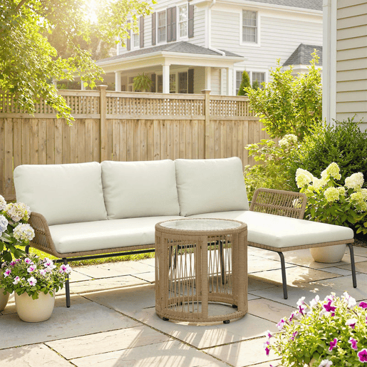 Outsunny Conjunto de Móveis de Jardim Exterior em Ratã Jogo de 3 Peças com Sofá de 2 Lugares Chaise Longue Almofadas e Mesa de Vidro para Terraço Creme e Natural