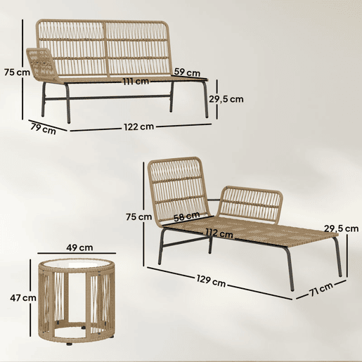 Outsunny Conjunto de Móveis de Jardim Exterior em Ratã Jogo de 3 Peças com Sofá de 2 Lugares Chaise Longue Almofadas e Mesa de Vidro para Terraço Creme e Natural