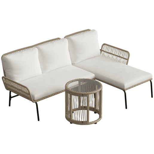 Outsunny Conjunto de Móveis de Jardim Exterior em Ratã Jogo de 3 Peças com Sofá de 2 Lugares Chaise Longue Almofadas e Mesa de Vidro para Terraço Creme e Natural