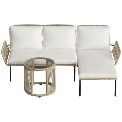 Outsunny Conjunto de Móveis de Jardim Exterior em Ratã Jogo de 3 Peças com Sofá de 2 Lugares Chaise Longue Almofadas e Mesa de Vidro para Terraço Creme e Natural