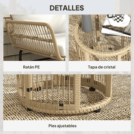 Outsunny Conjunto de Móveis de Jardim Exterior em Ratã Jogo de 3 Peças com Sofá de 2 Lugares Chaise Longue Almofadas e Mesa de Vidro para Terraço Creme e Natural