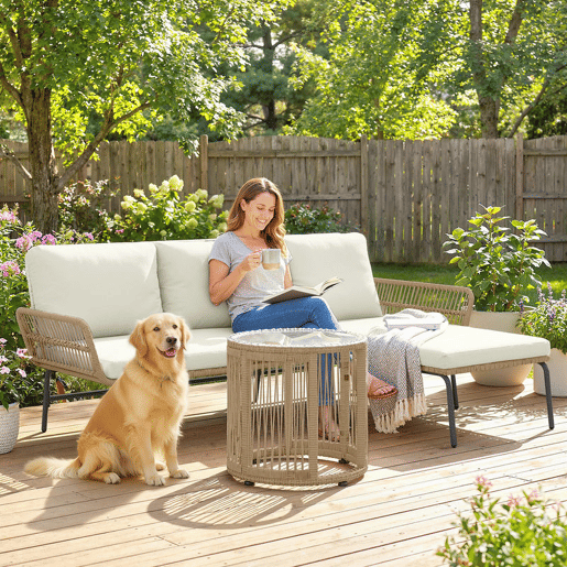 Outsunny Conjunto de Móveis de Jardim Exterior em Ratã Jogo de 3 Peças com Sofá de 2 Lugares Chaise Longue Almofadas e Mesa de Vidro para Terraço Creme e Natural