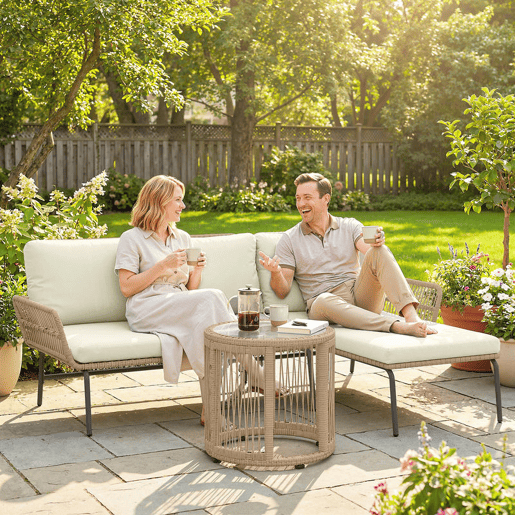 Outsunny Conjunto de Móveis de Jardim Exterior em Ratã Jogo de 3 Peças com Sofá de 2 Lugares Chaise Longue Almofadas e Mesa de Vidro para Terraço Creme e Natural
