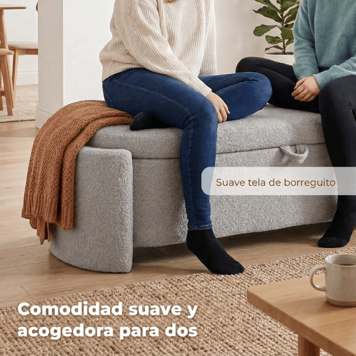 HOMCOM Puff de Armazenamento Banco Ovalado 129x48,5x44 cm Estofado em Tecido Teddy Baú de Arrumação Capacidade 200 kg Banco para Sala de Estar Quarto Entrada Cinzento Claro