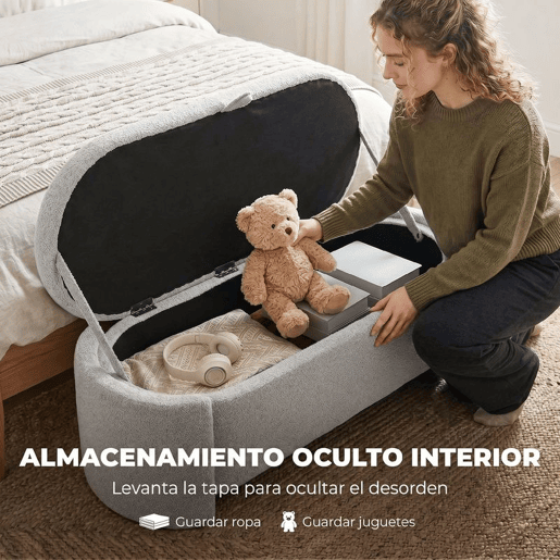 HOMCOM Puff de Armazenamento Banco Ovalado 129x48,5x44 cm Estofado em Tecido Teddy Baú de Arrumação Capacidade 200 kg Banco para Sala de Estar Quarto Entrada Cinzento Claro