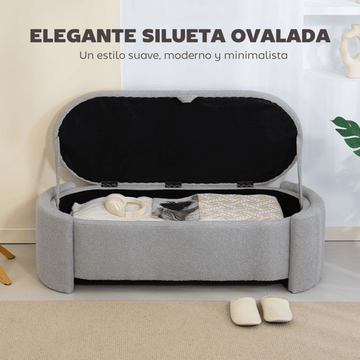 HOMCOM Puff de Armazenamento Banco Ovalado 129x48,5x44 cm Estofado em Tecido Teddy Baú de Arrumação Capacidade 200 kg Banco para Sala de Estar Quarto Entrada Cinzento Claro