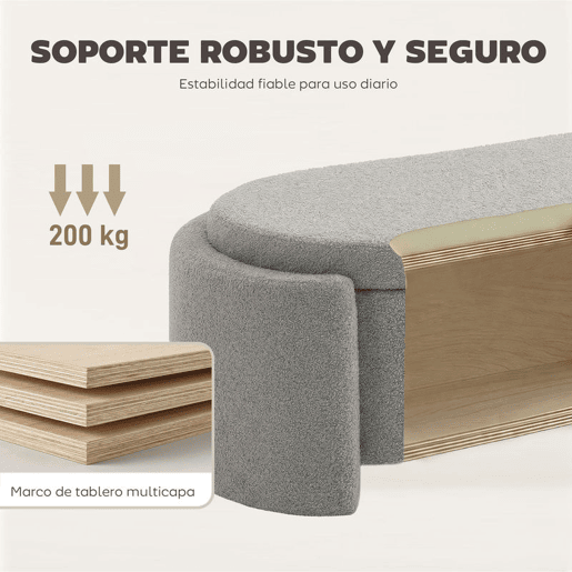 HOMCOM Puff de Armazenamento Banco Ovalado 129x48,5x44 cm Estofado em Tecido Teddy Baú de Arrumação Capacidade 200 kg Banco para Sala de Estar Quarto Entrada Cinzento Claro