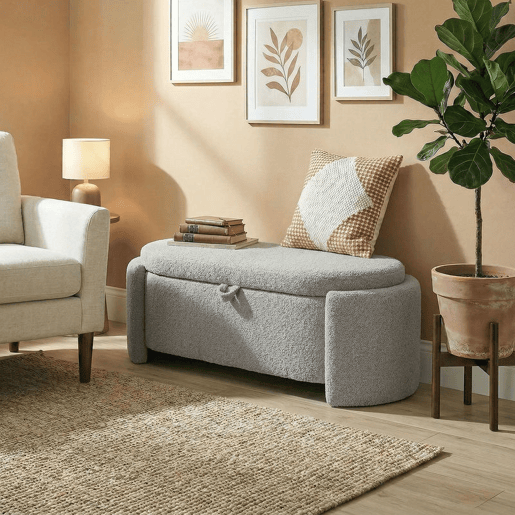 HOMCOM Puff de Armazenamento Banco Ovalado 129x48,5x44 cm Estofado em Tecido Teddy Baú de Arrumação Capacidade 200 kg Banco para Sala de Estar Quarto Entrada Cinzento Claro