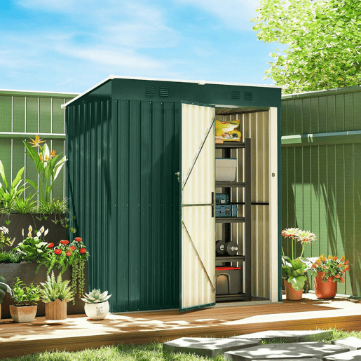 Outsunny Abrigo de Jardim Exterior 1,37 m², 163x90x179 cm, Cobertura Metálica com Porta com Fechadura e Grelhas de Ventilação, para Armazenamento de Ferramentas, Verde