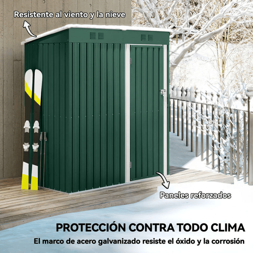 Outsunny Abrigo de Jardim Exterior 1,37 m², 163x90x179 cm, Cobertura Metálica com Porta com Fechadura e Grelhas de Ventilação, para Armazenamento de Ferramentas, Verde