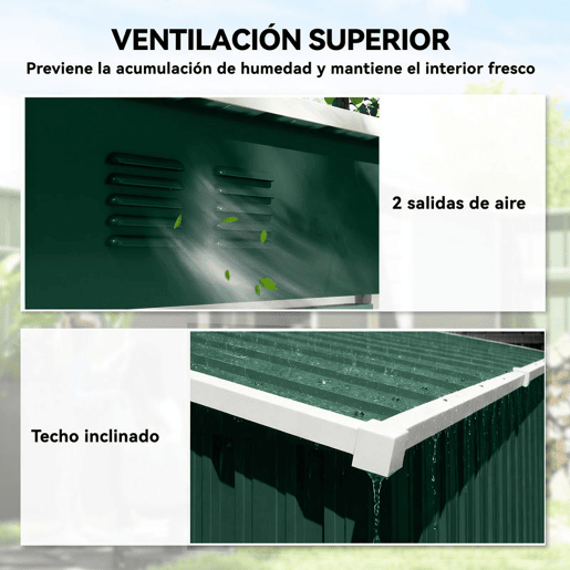 Outsunny Abrigo de Jardim Exterior 1,37 m², 163x90x179 cm, Cobertura Metálica com Porta com Fechadura e Grelhas de Ventilação, para Armazenamento de Ferramentas, Verde