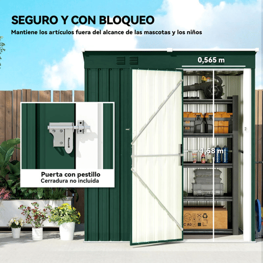 Outsunny Abrigo de Jardim Exterior 1,37 m², 163x90x179 cm, Cobertura Metálica com Porta com Fechadura e Grelhas de Ventilação, para Armazenamento de Ferramentas, Verde