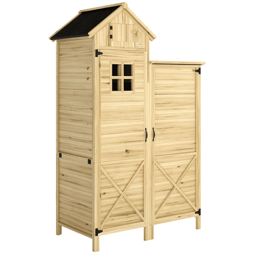 Outsunny Armário de Jardim de Madeira 106x57x167 cm Armário de Armazenamento com Dupla Zona Portas Prateleiras Removíveis Telhado Asfáltico Impermeável e Janela Madeira