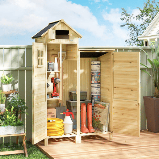 Outsunny Armário de Jardim de Madeira 106x57x167 cm Armário de Armazenamento com Dupla Zona Portas Prateleiras Removíveis Telhado Asfáltico Impermeável e Janela Madeira