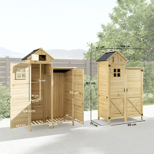 Outsunny Armário de Jardim de Madeira 106x57x167 cm Armário de Armazenamento com Dupla Zona Portas Prateleiras Removíveis Telhado Asfáltico Impermeável e Janela Madeira